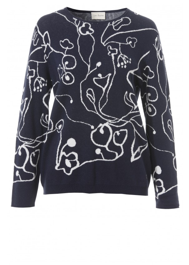 Süßer Jacquard-Pullover mit floralem Muster marine / ecru Frontansicht