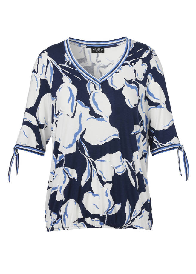 Print-Shirt mit V-Ausschnitt und Gummizugsaum / 
