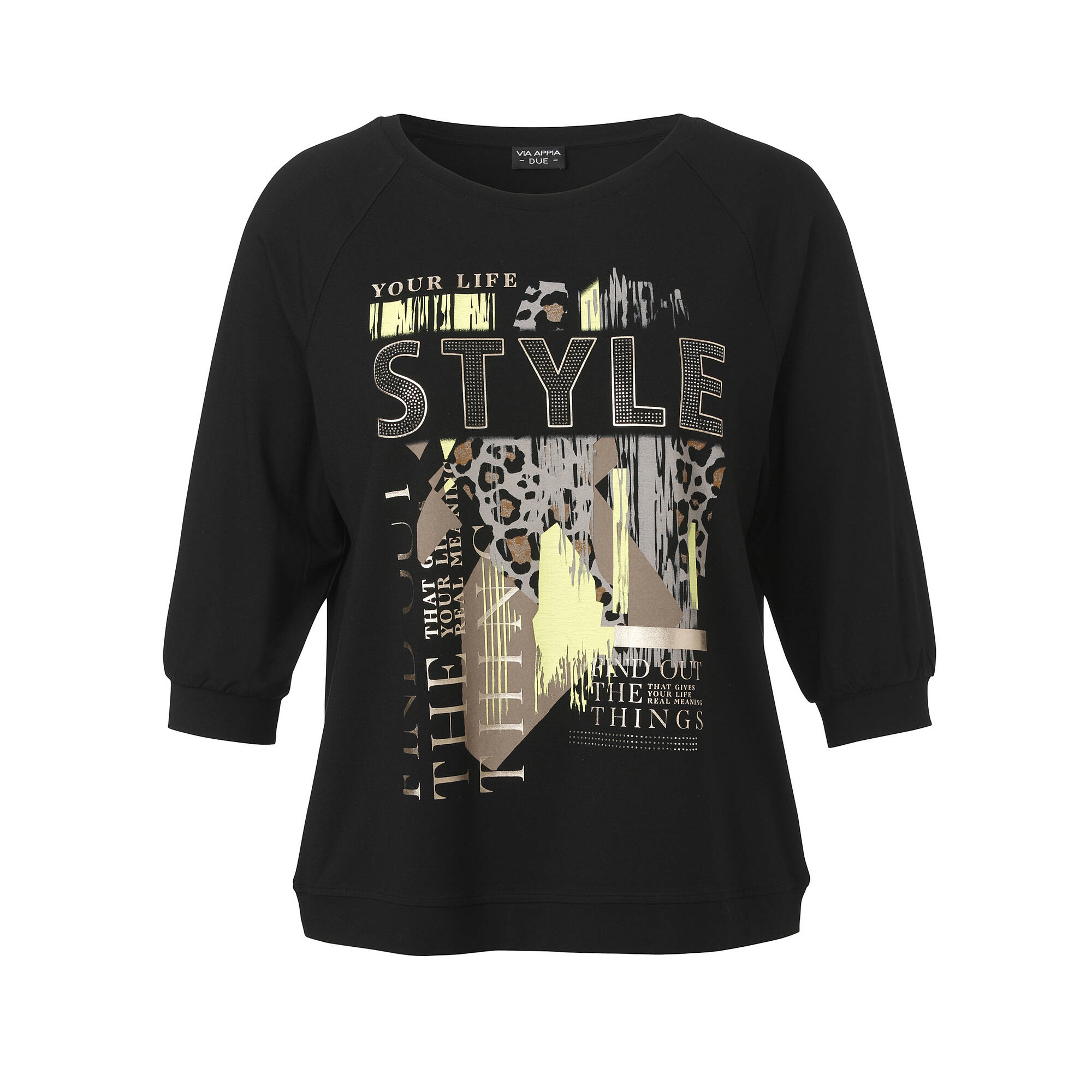 Schwarzes 3/4-Arm Shirt mit Motiv vorne Schwarzes 3/4-Arm Shirt mit Motiv vorne