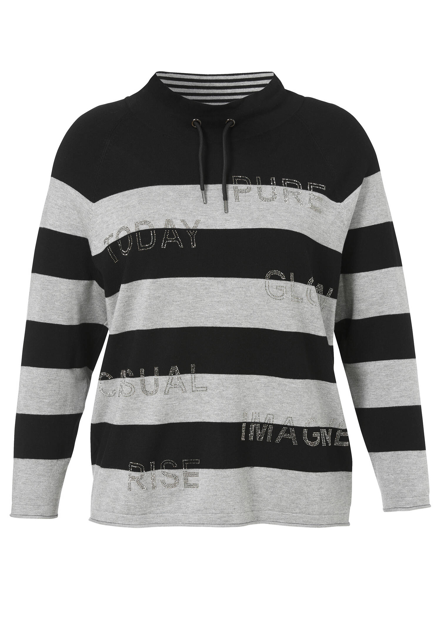 Gestreifter Feinstrick-Pullover Schwarz/ Grau Melange / 