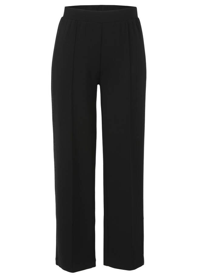 Edle Schlupfhose mit Seitenstreifen aus Schmucksteinchen schwarz Frontansicht