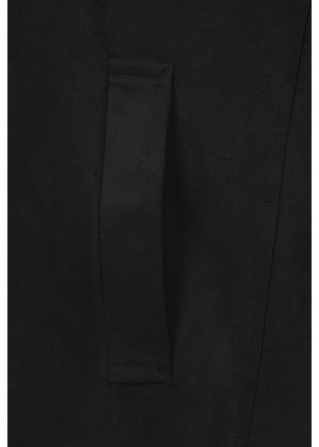 Schwarzer Revers-Mantel in Veloursleder-Optik / 