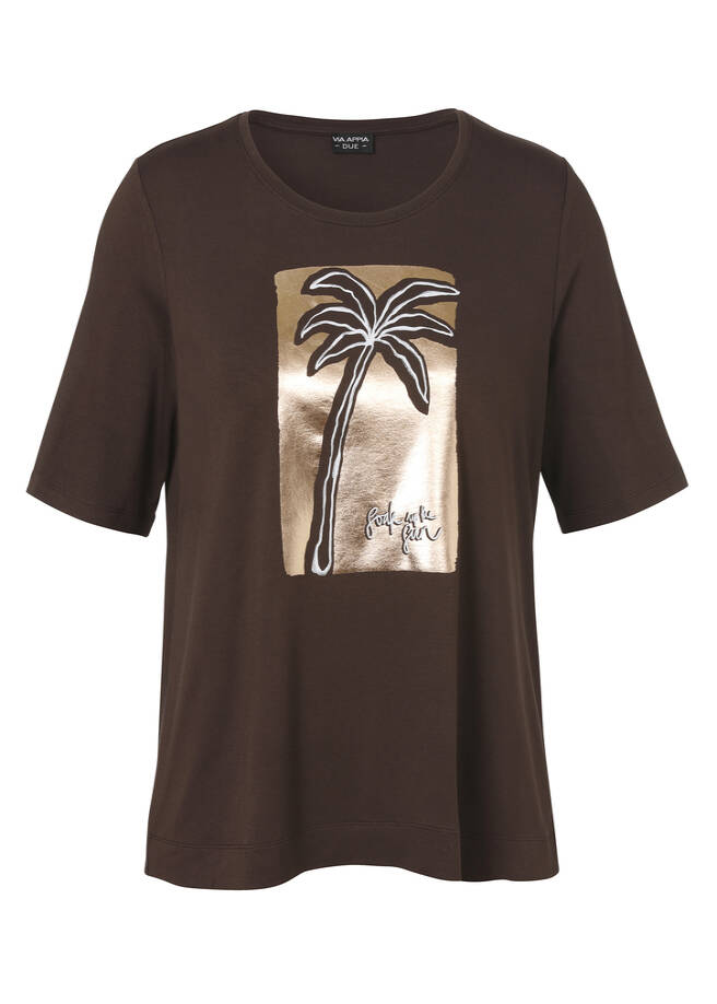 Viskose-Jersey Shirt mit Palmen-Motiv mocca multicolor Frontansicht