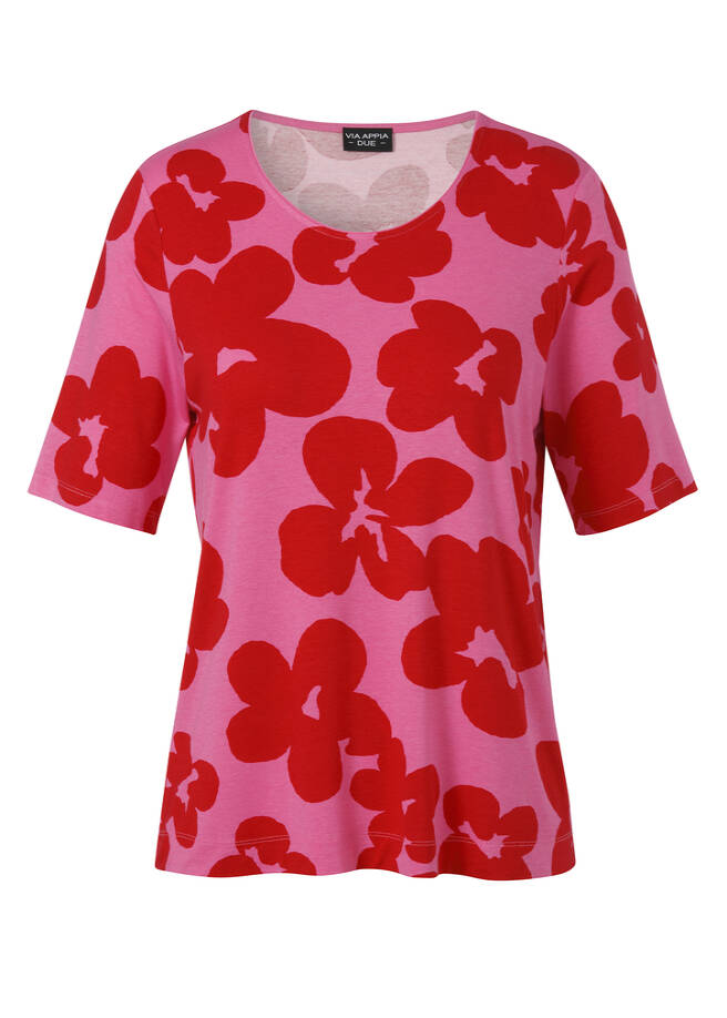 Viskose-Jersey Shirt mit Blumenmuster pink / rot Frontansicht