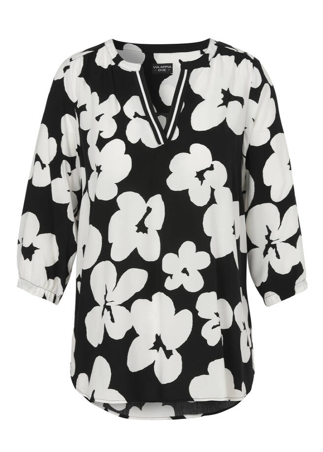 3/4-Arm Viskose-Tunika mit Blumenmuster schwarz / ecru Frontansicht