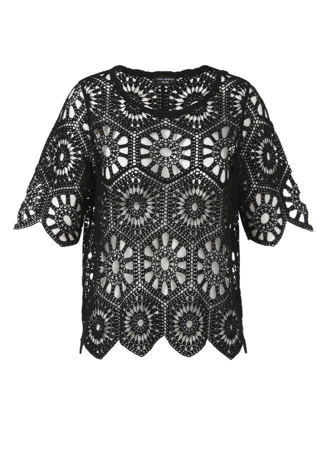 Femininer Ajour 1/2-Arm Baumwoll-Pullover schwarz Frontansicht