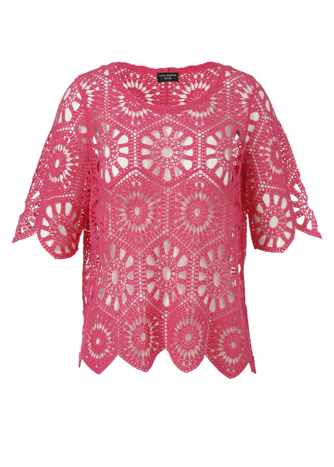 Femininer Ajour 1/2-Arm Baumwoll-Pullover flamingo Frontansicht