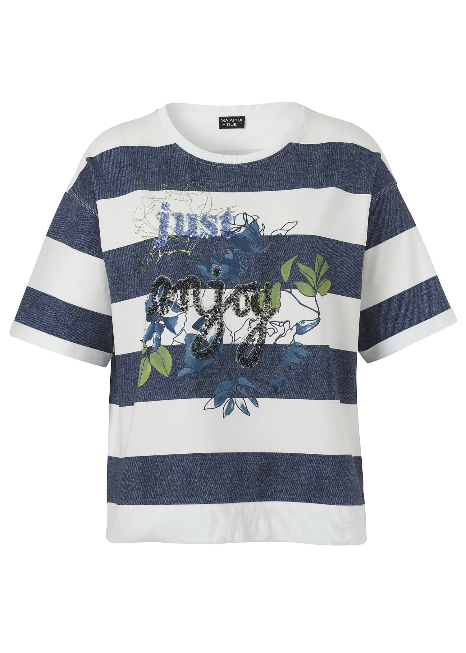 Halbarm-Sweatshirt Indigo / Ecru mit geschmücktem Motiv / 