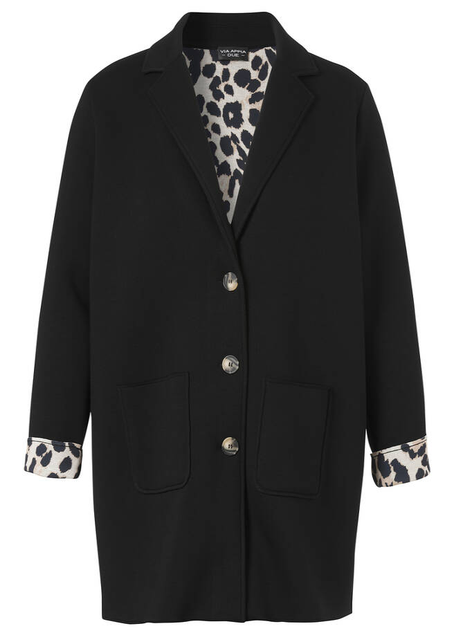 Schwarze Revers-Jacke mit Innenmuster Leo schwarz multicolor Frontansicht