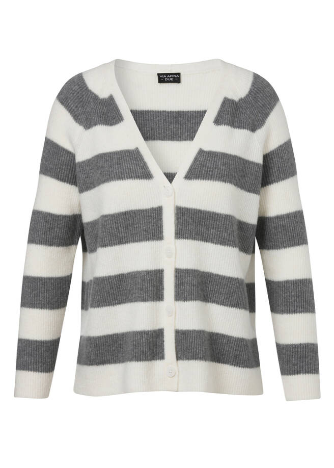 Gestreifte Feinstrickjacke grau melange/creme Frontansicht