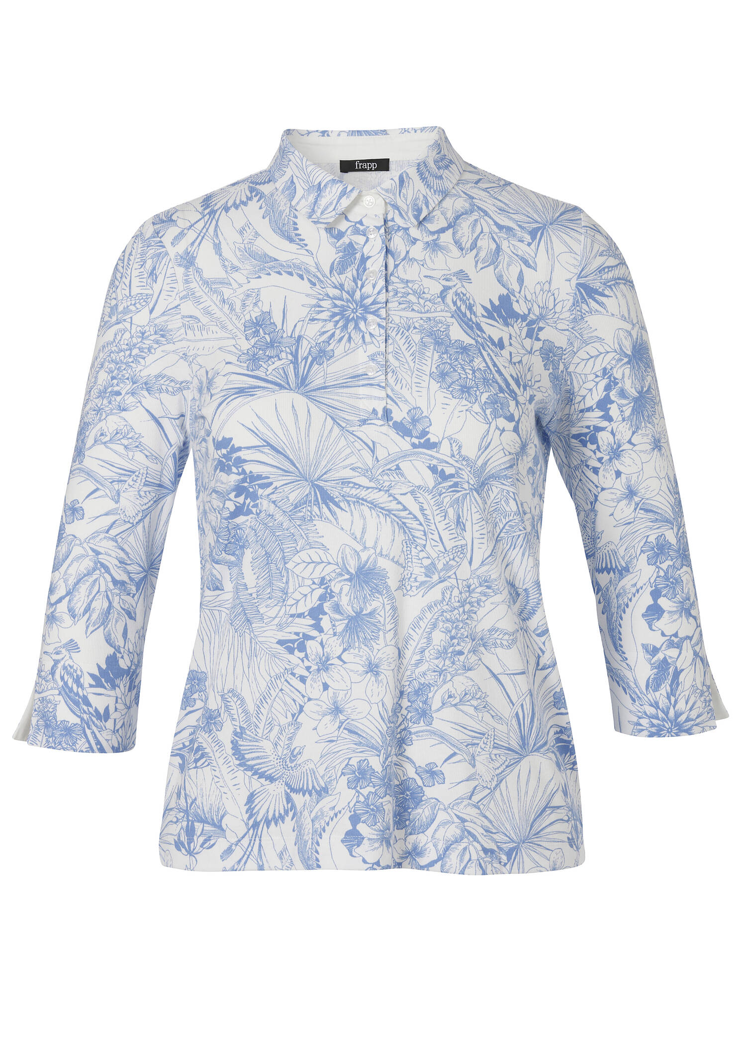 Edles 3/4-Arm Polo-Shirt mit gezeichnetem Tropenmuster /