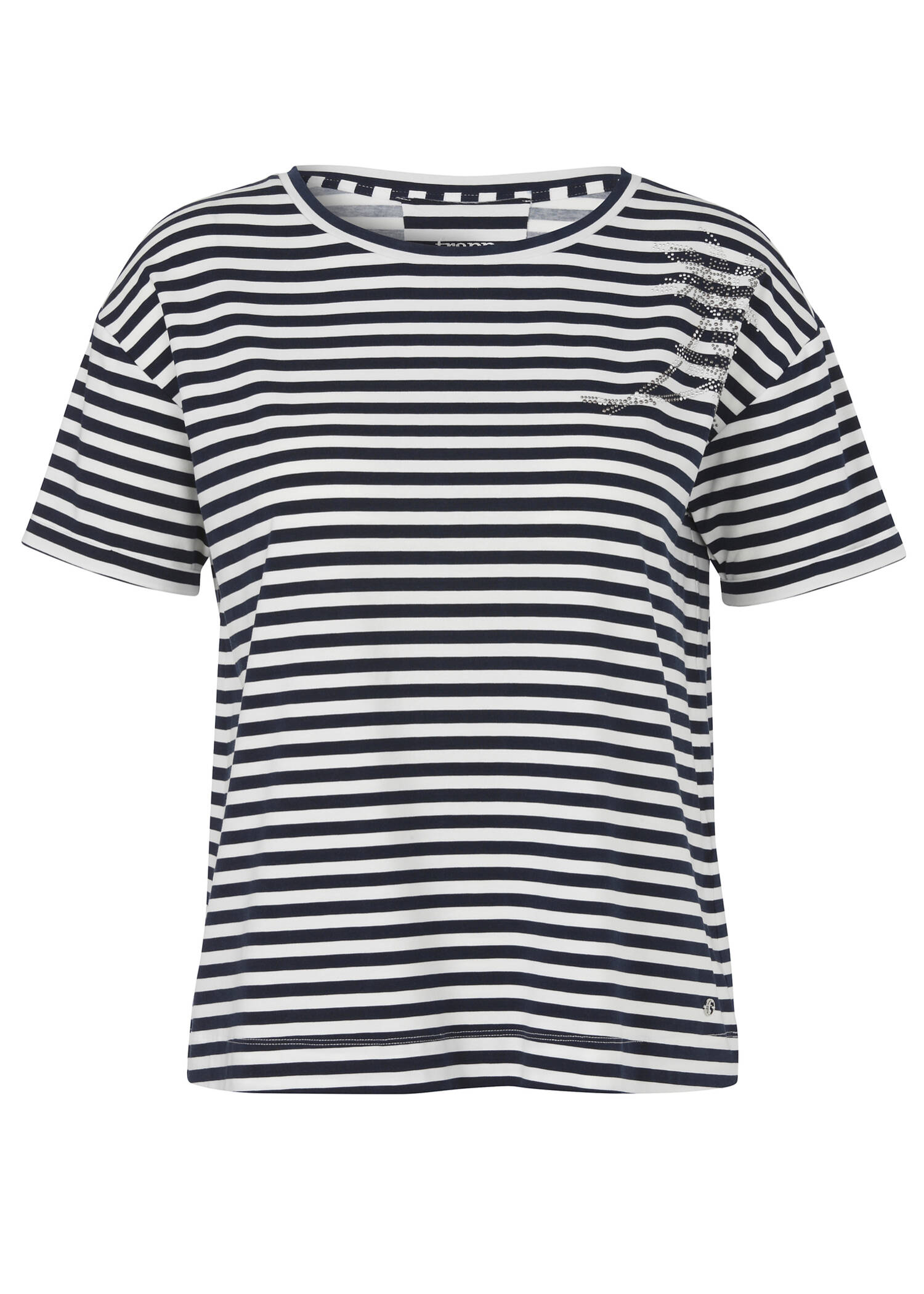 Softes T-Shirt mit Ringeln und Palmenmotiv aus Schmucksteinchen /