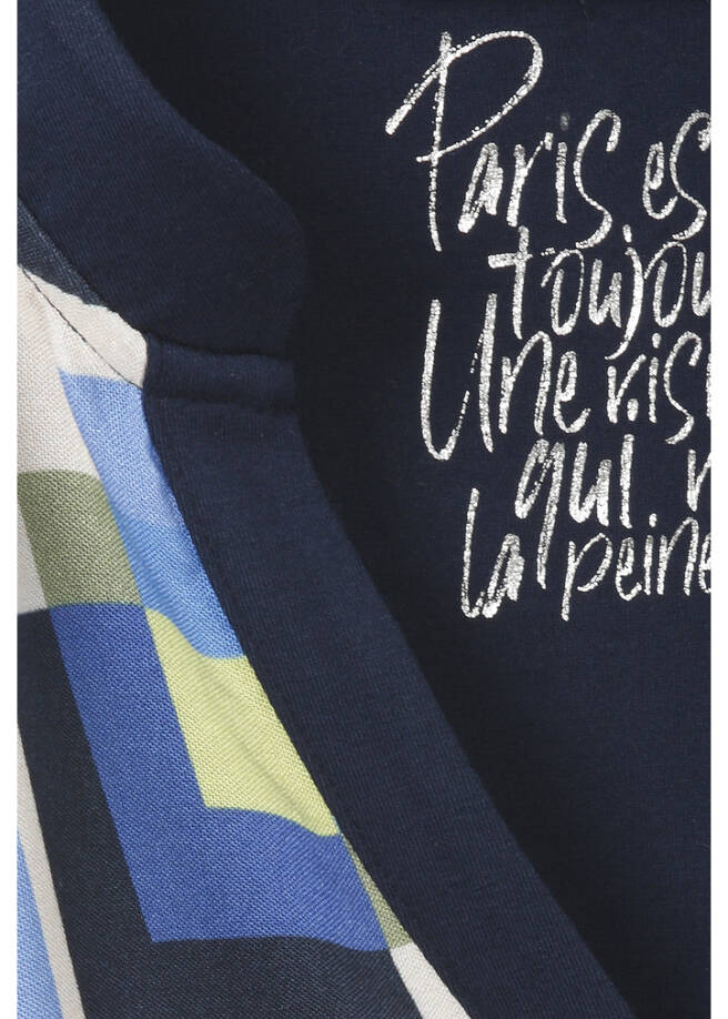 Fließendes Langarm- Shirt in Marineblau mit Blusen-Einsatz vorne /