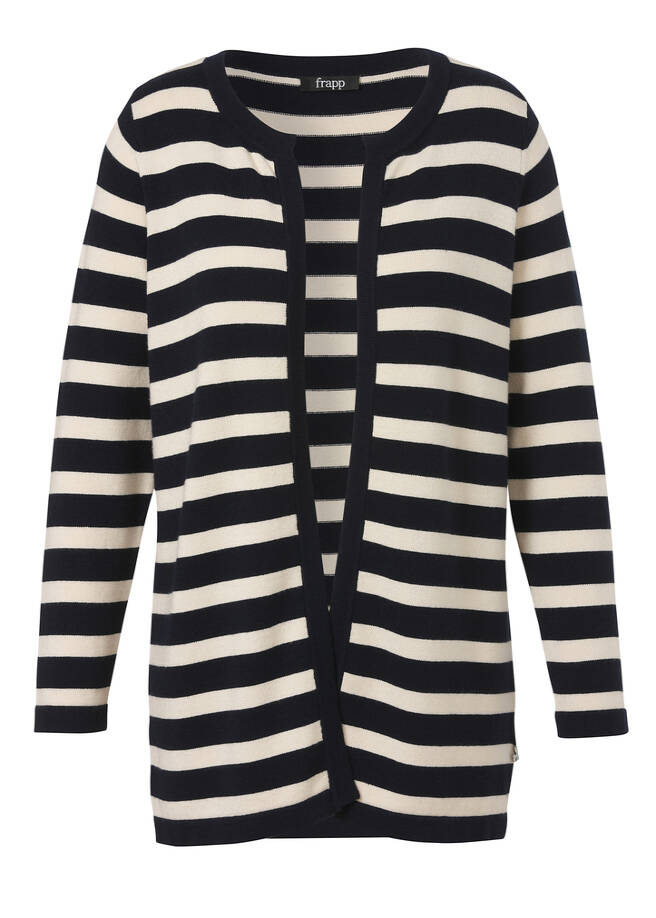 Offene Feinstrickjacke geringelt navy/sand Frontansicht