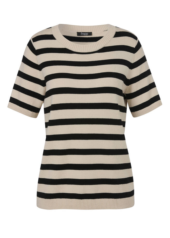 Halbarm Feinstrick-Pullover geringelt sand/black Frontansicht