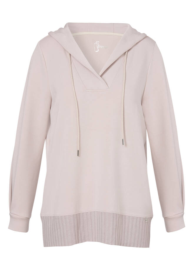 Zartrosa Kapuzen-Sweatshirt mit gestricktem Rippbund powder Frontansicht