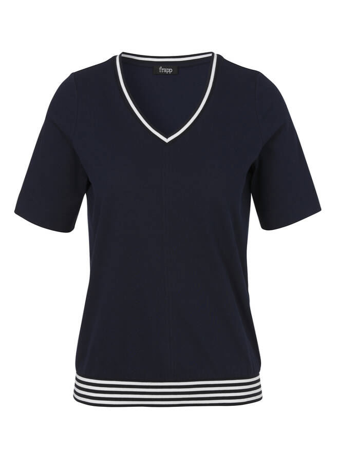 Edles Halbarm-V-Shirt Baumwoll-Piqué navy / white Frontansicht