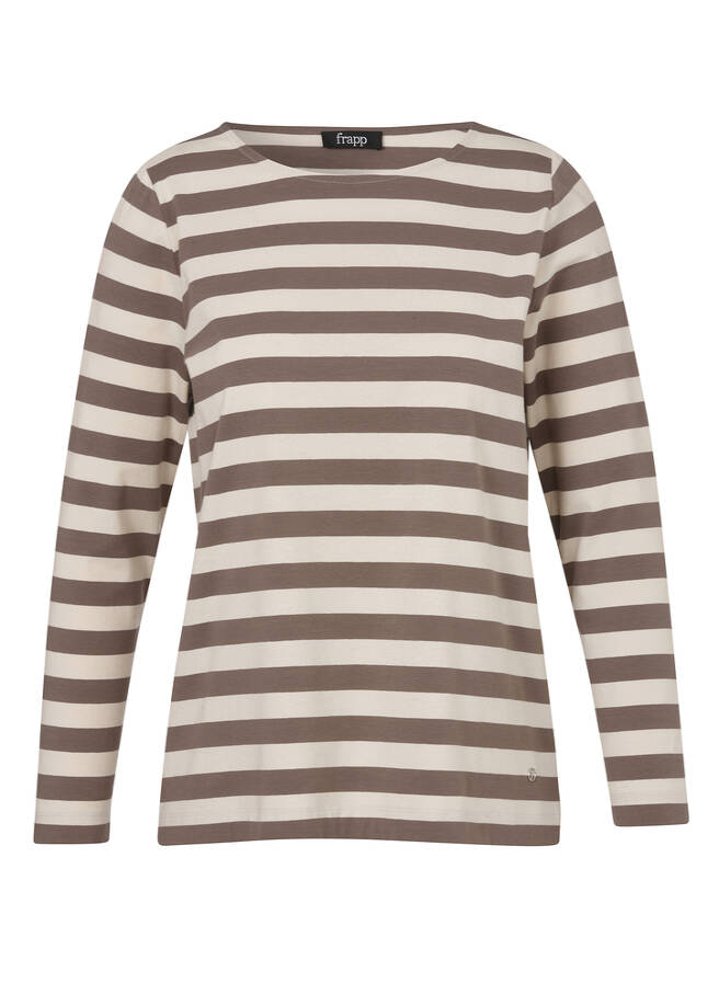 Softes Baumwoll-Jersey Langarm-Shirt mit Streifenmuster nougat/sand Frontansicht